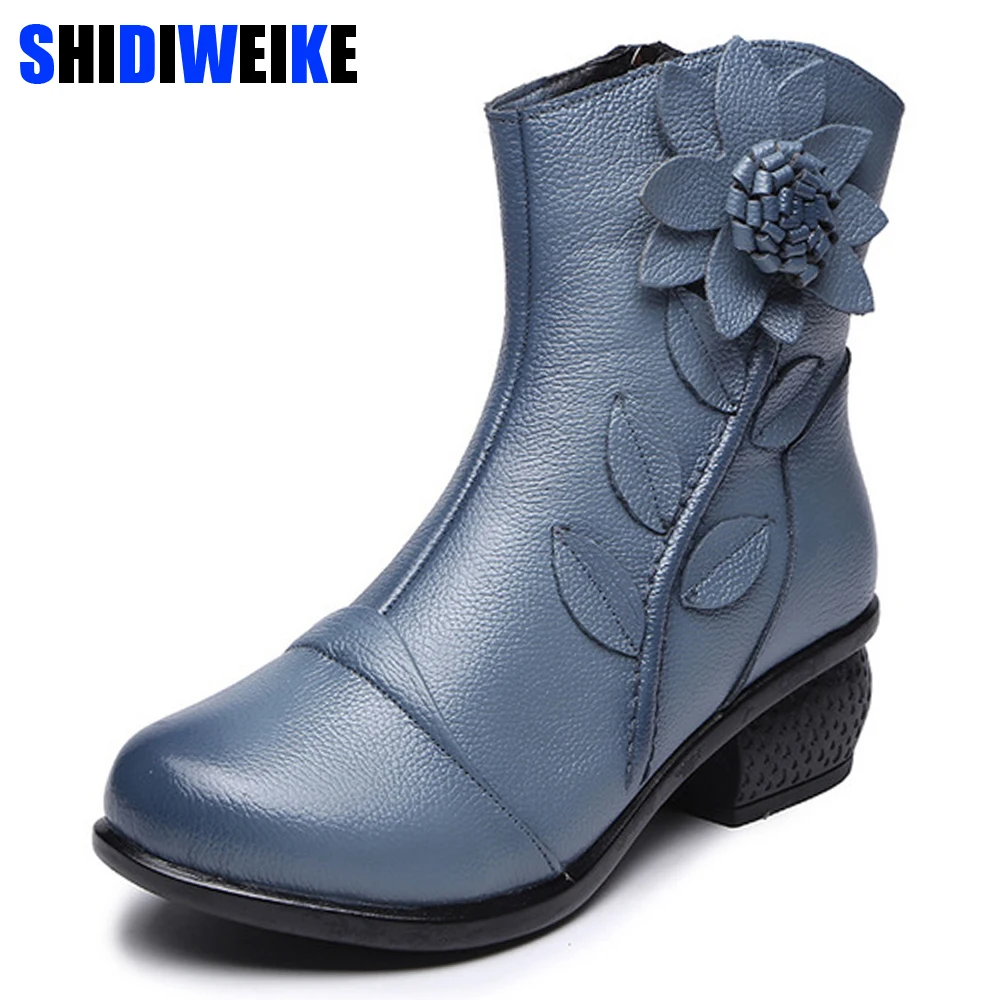 

Women Boots Shoes Woman Handmade Vintage Genuine Leather Low-Heeled Shoe Round Toe High Quqlity Shoes Winter Fashion Shoes Women