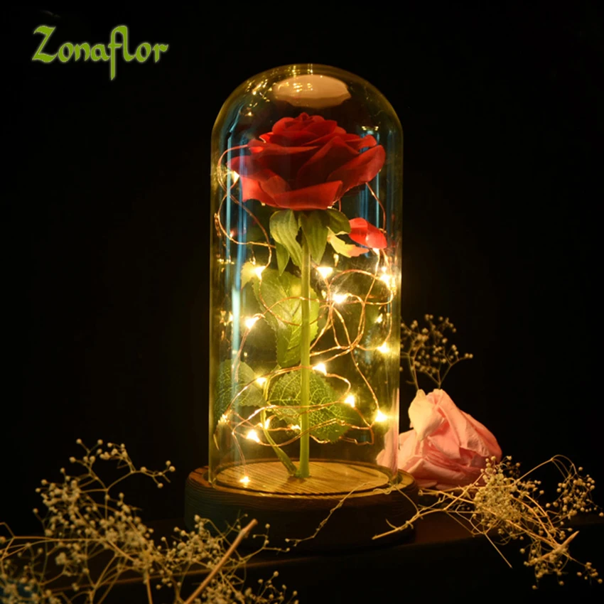 Zonaflor Искусственные цветы вечная роза в Стекло светодиодный свет цветок рукоделия декор для офиса Best подарок на день Святого Валентина