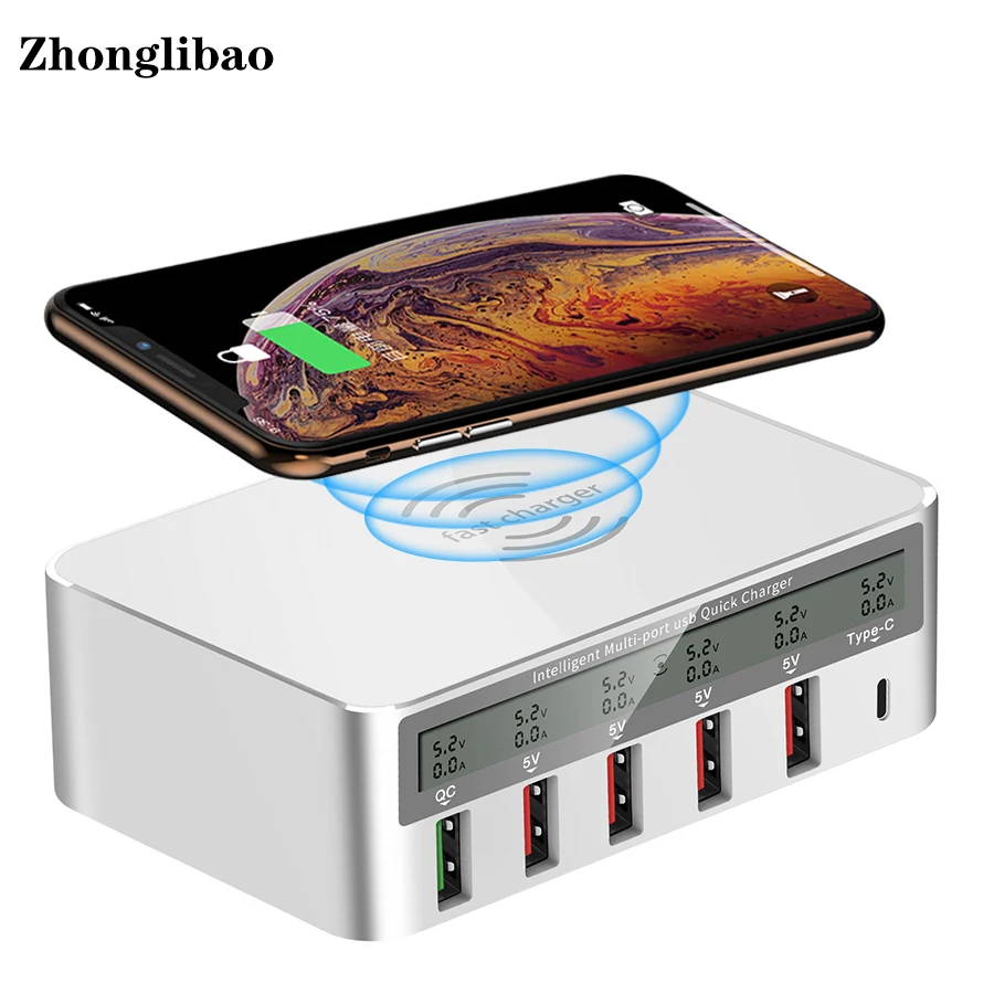 

Qi Wireless Charger QC3.0 USB Fast Charger Station 10W Type C Charging LED Display Smart Phone Quick Charging Dock for IPhone Xr