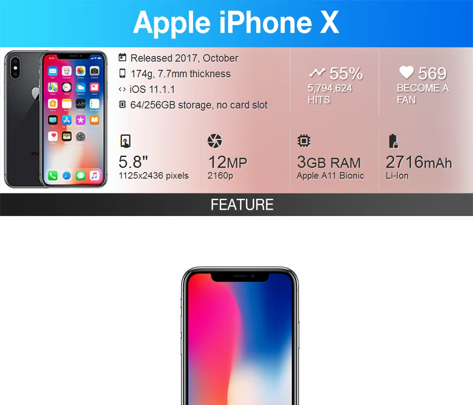 Разблокированный Apple iPhone X OLED IOS Hexa Core rom 3 Гб ram 256 ГБ 64 Гб двойная задняя камера 12MP 5," 4G LTE мобильный телефон