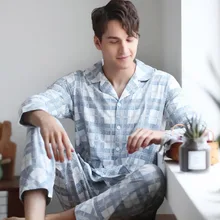 Для мужчин, одежда для мальчиков, Хлопковая пижама с длинными рукавами на весну чистый Пижамы из хлопка; одежда для сна мужской сетчатый кардиган для отдыха пижамные комплекты Большие размеры ночное L-3XL