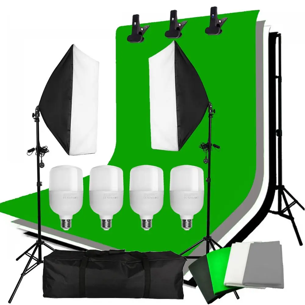 ZUOCHEN 4PCS 25W LED Photo Studio Softbox Soft Box Lighting 4 Backdrop + 2x2m Background Support Stand Kit  for Video Shooting