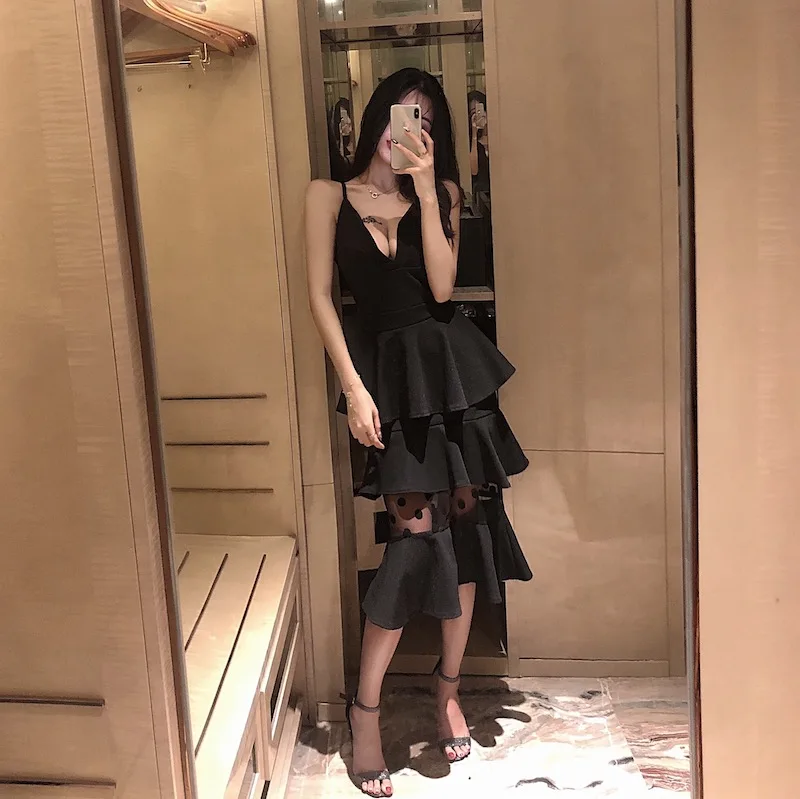 

New Women Ruffles Mesh Spaghetti Strap V-Neck Dress Dresses Black 1833