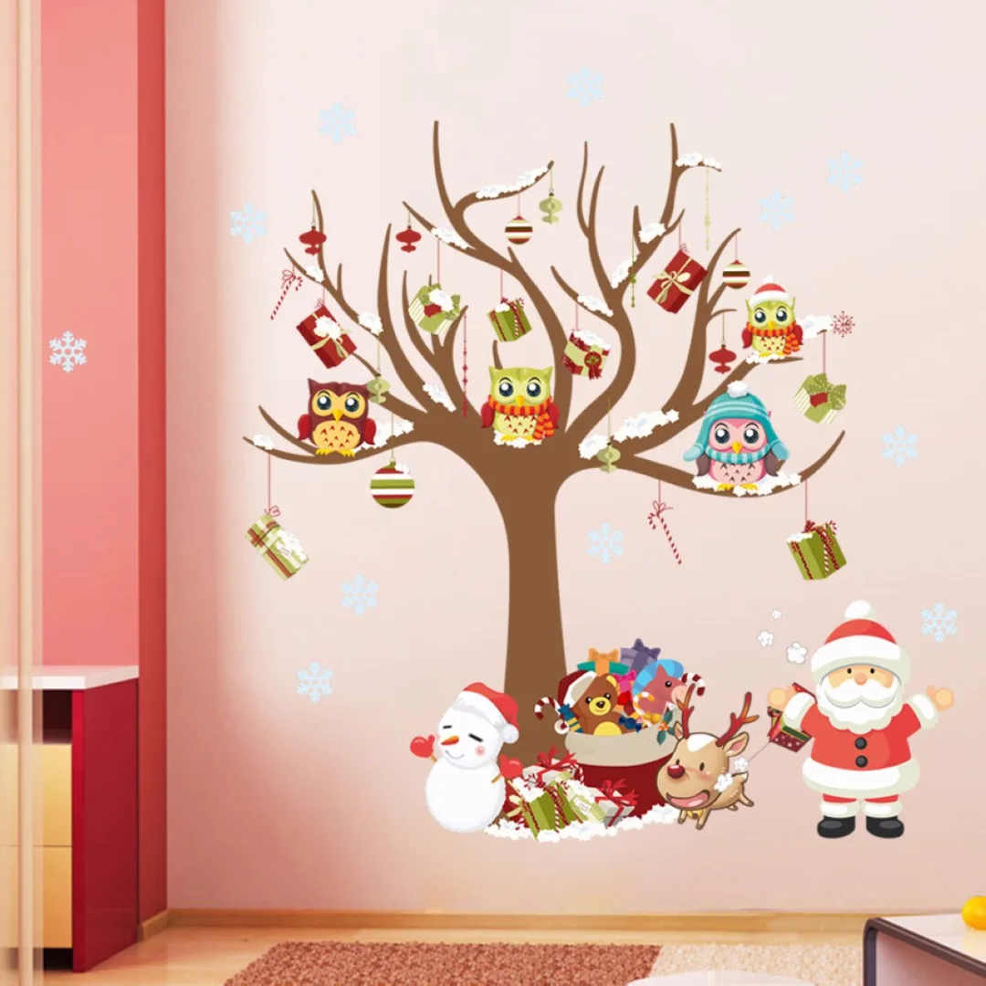 1pc 800*800mm Christmas Owls Tree Shop Window Wall Art Stickers Sticker Vinyl Home Decoration