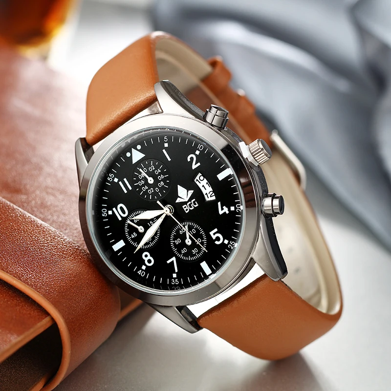 Модные армейские мужские часы водонепроницаемые BGG Элитный бренд военные кварцевые часы кожаный ремешок черные мужские часы relogio masculino