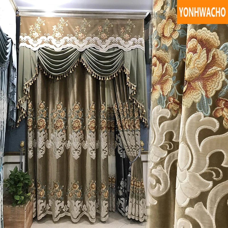 

Custom curtains Luxury European Living Room Deluxe Thicken Fleece Embroidered cloth blackout curtain tulle valance drape B086