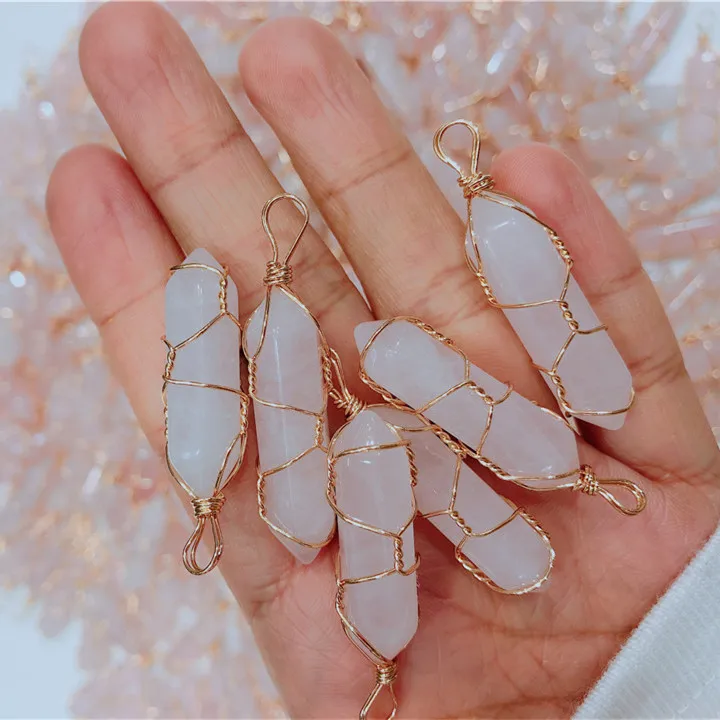 Wholesale Gold &amp Silver Cover Crystal Point Pillar Charm Prism Trendy Natural Stone Pendant for Necklaces Jewelry Making 24PCS |