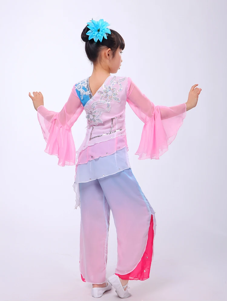 (0174) Chinese folk dance children pinl costumes Girls Embroidery Hanbok fan yangko classical dancing stage performance clothes