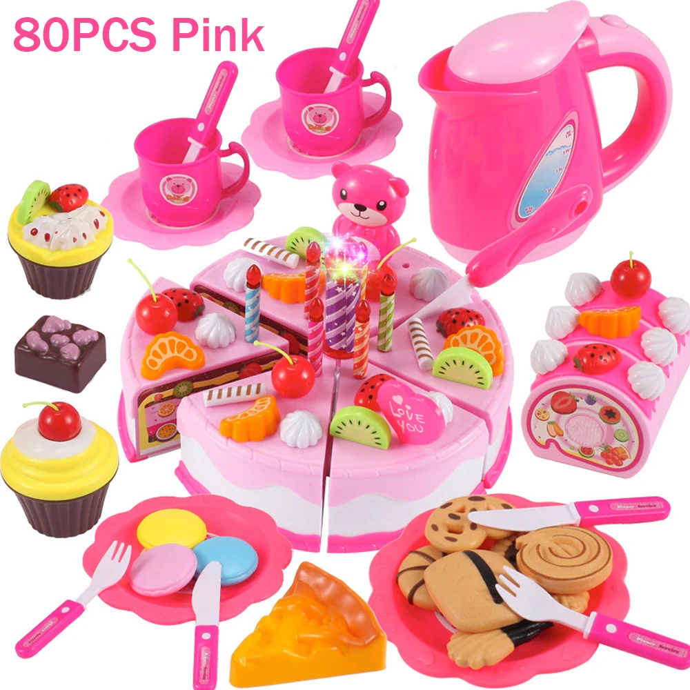 80Pcs Kitchen Toys Pretend Play Cutting Birthday Cake Food Toy Kitchen