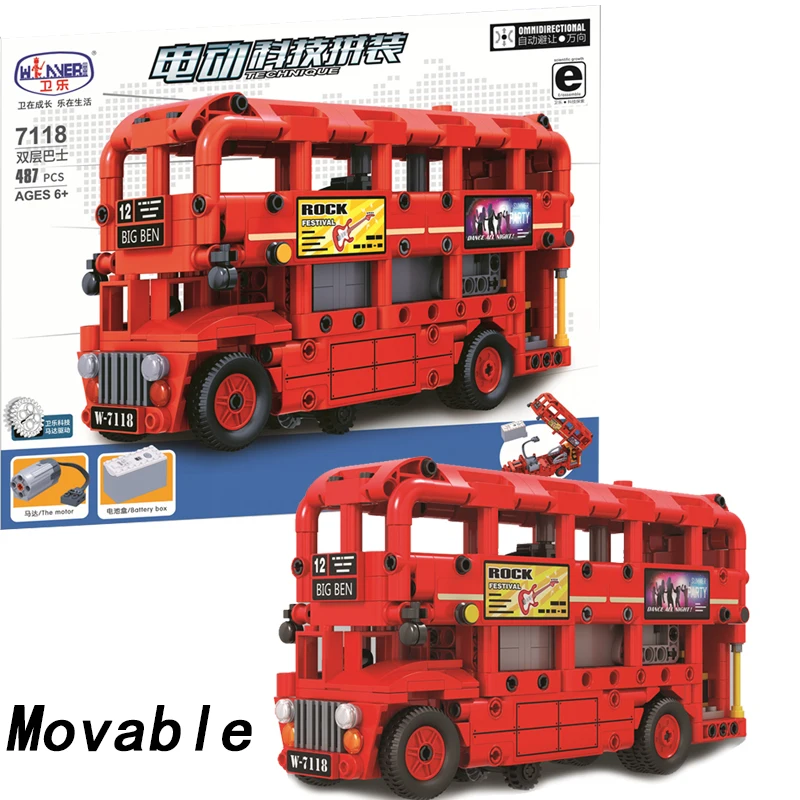 Movable legoing Technic Classic London Bus Vehicle With Motor Battery Box 487pcs Building Blocks Bricks Enlighten Toys for Boys