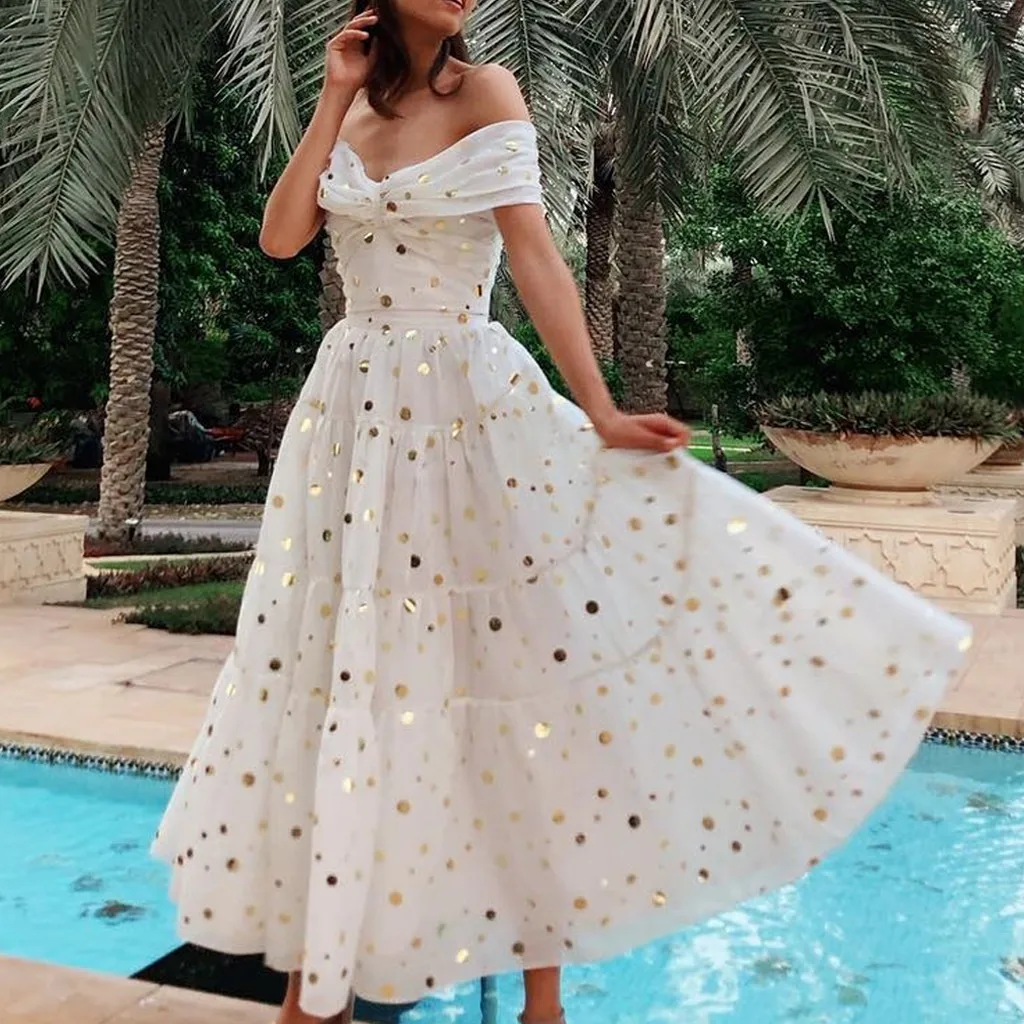 2019 vetement femme модные женские туфли Летнее платье вечернее платье с блестками плеча вставки с открытыми плечами платье одежда elbis