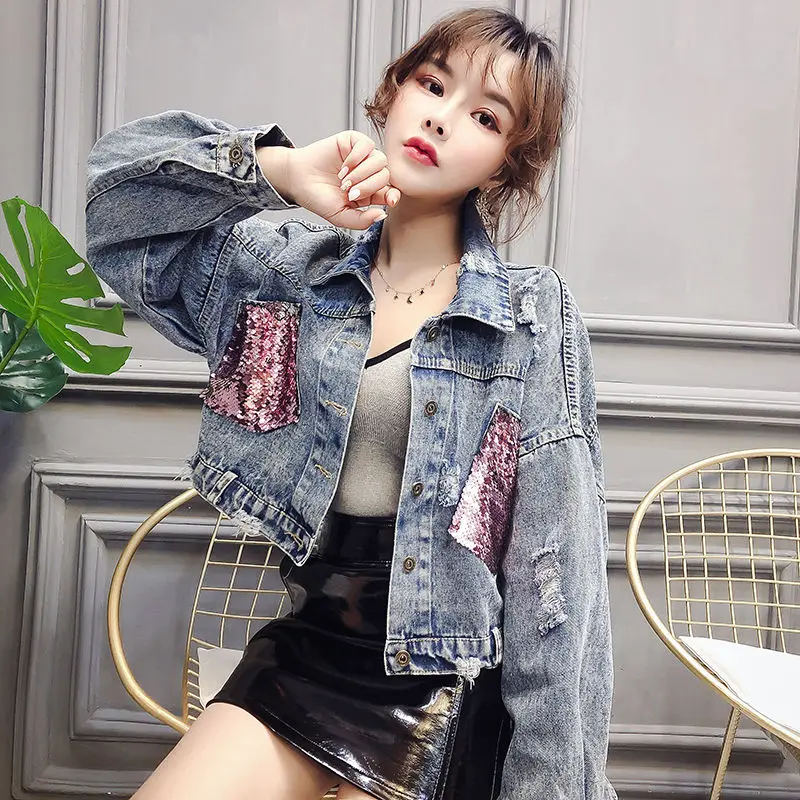 

Women Short Denim Sequins Jacket Spring and Autumn 2019 Korean Loose Clothes