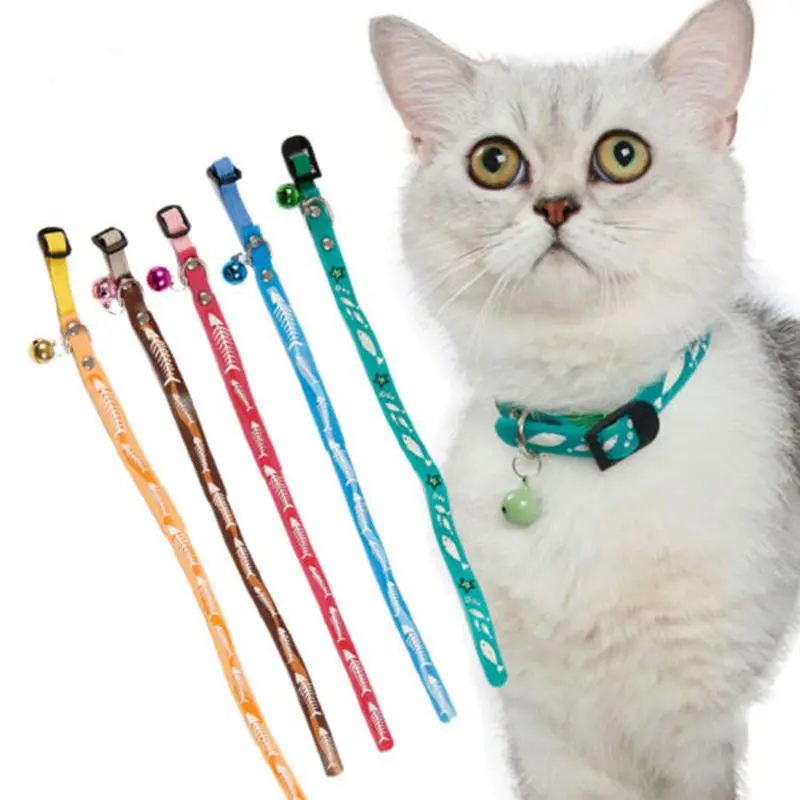 6 Pcs/set Pet Cat Collar Meow Design Freely Adjustable Bell Fish Kitten