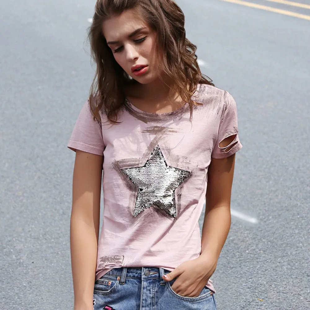 ILISMABA fashion t shirt women 2017 new short sleeve summer Large five-pointed star super flash holes pink summer shirt XL XXL
