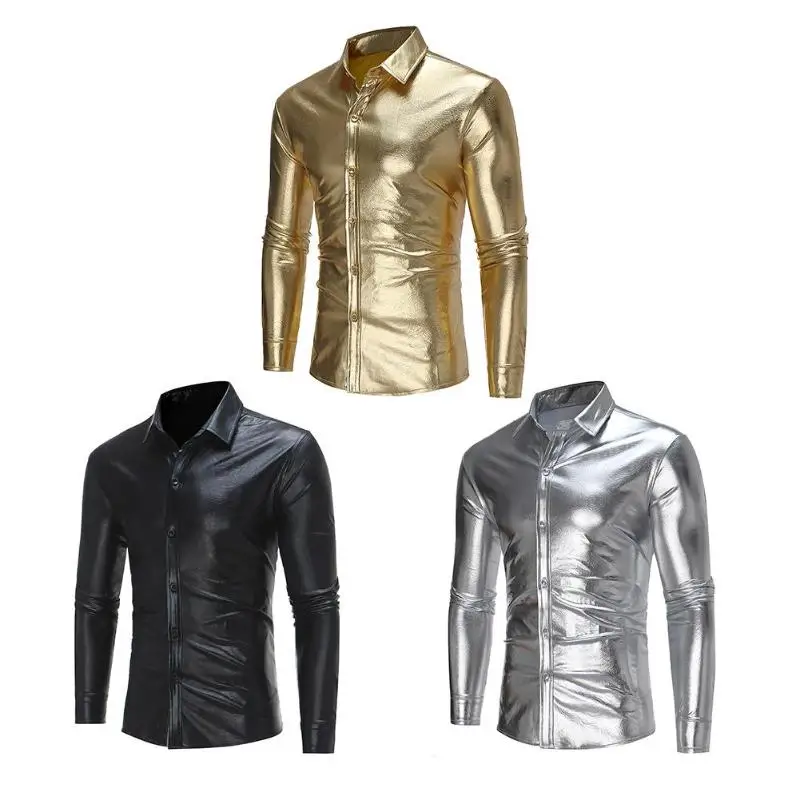Night Club Wear Men's Elastic Shirts Slim Fit Fashion Metal Shiny Shirt