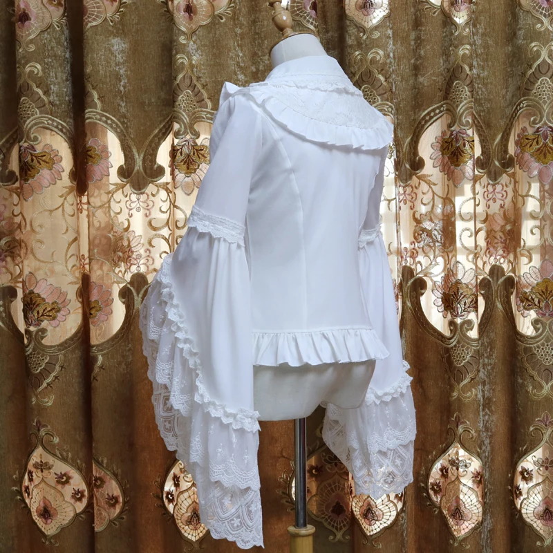 Ретро викторианская шифоновая блузка с длинными расклешенными рукавами гофрированная белая/черная рубашка Лолиты