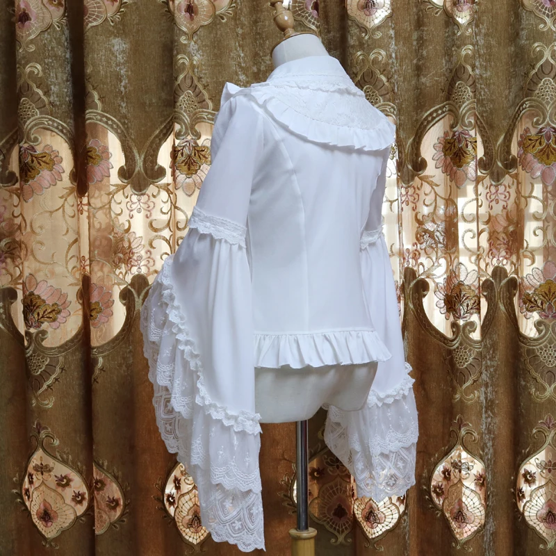  Retro Victorian Chiffon Blouse Long Flare Sleeve Ruffled White/Black Lolita Shirt