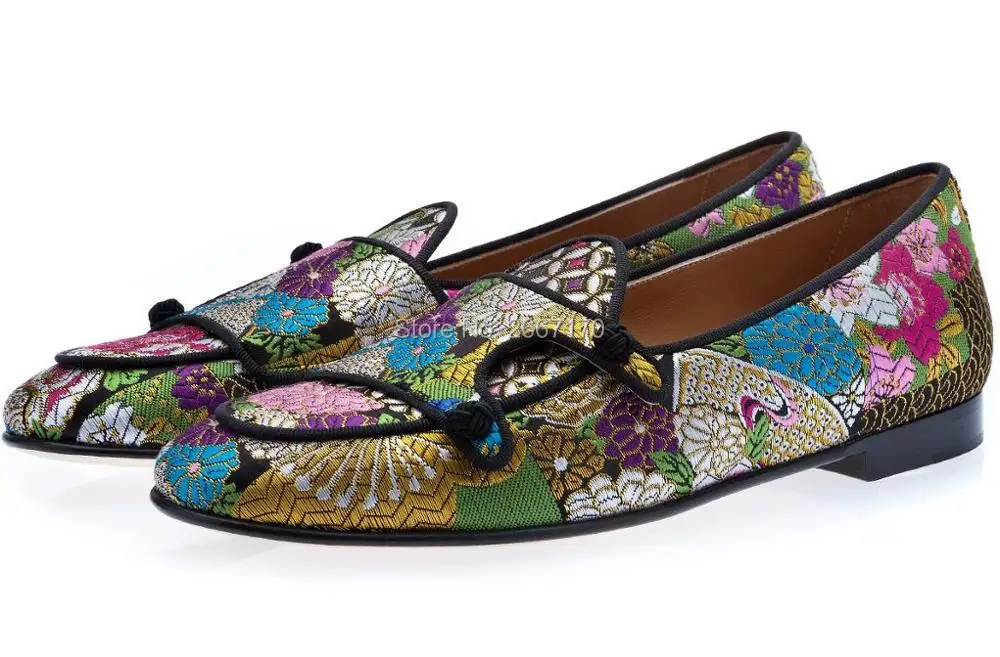 Sexy Men Wedding Shoes Satin Floral Embroidered Loafers Double-Monk Flats Jacquard Silk Shoes Slip On slippers Party Men