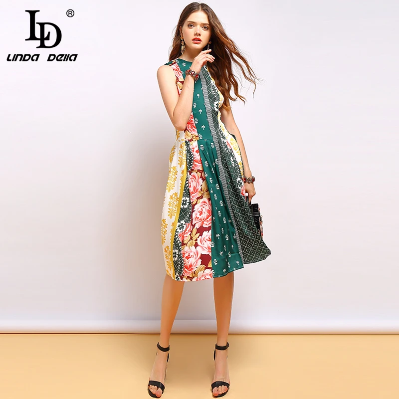 Женское винтажное платье LD LINDA DELLA, элегантные платья без рукавов с драпировкой и цветочным принтом, платья для отпуска, лето