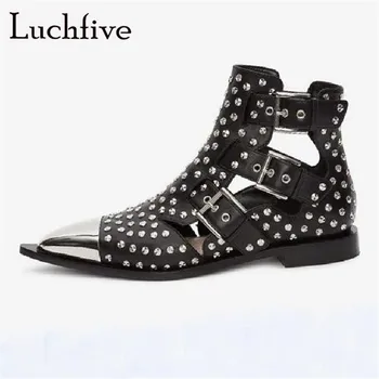 

Sexy Metal Studded Rivets Short Boots Woman Pointy Toe Buckle Straps Martin Boots Black Cut Outs Fashion Shoes Woman
