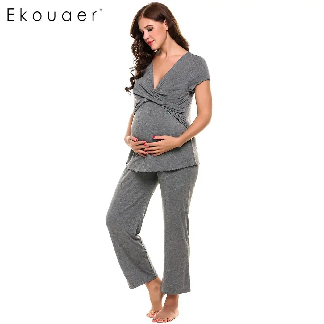 

Ekouaer Soft Maternity Pajamas Cotton Modal Nightwear Set Women Crossing V-Neck Short Sleeve Top Long Pant Nursing Sleepwear Set
