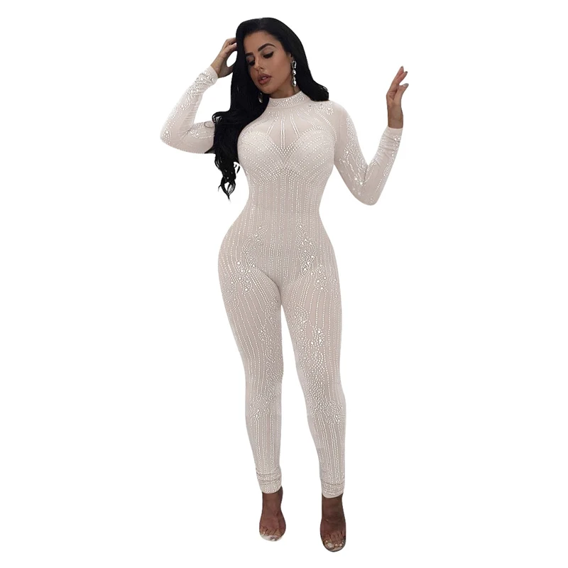 Black Rhinestone Sparkly Jumpsuit Women Turtleneck Long Sleeve Mesh Romper Sexy Sheer Birthday Nightclub Bodycon Party Overalls