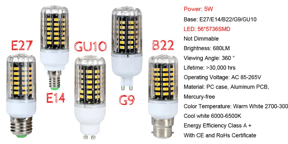 E14 E27 G9 GU10 B22 5736 SMD лампа Кукуруза лампы 85-265V 3W 5W 7W 9W 12W Светодиодный свет энергосберегающие лампы