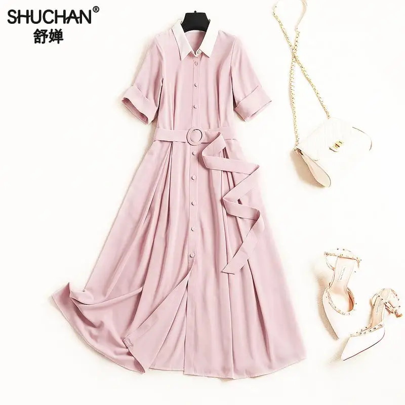 

Shuchan Summer Dresses For Obese Women Pink Office Lady A Line Sashes Solid Mid Dresses New Arrival 2019 Women Clothes 50890