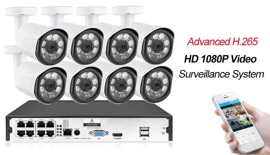 8CH 1080 P POE Система видеонаблюдения 2.0MP Камера Безопасности HD ip-камера наружная водостойкая система обнаружения движения система