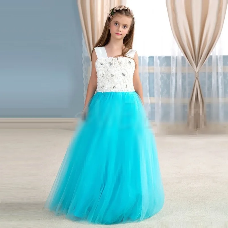 Baby Blue Flower Girl Dresses For Weddings 2016 Vestidos De Comunion Crystal Kids Frock Design