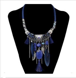 Модное богемное этническое винтажное кожаное ожерелье с цепочкой из полимерных бусин, ожерелье с зеленым камнем, перьями, кисточками и крыльями для женщин - Окраска металла: Blue