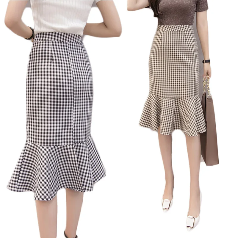 Casual Plaid Mermaid Skirt Long Midi Slit High Waist Summer Slim Tight