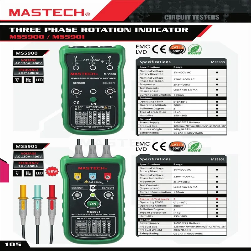 MASTECH MS5900 3 измеритель частоты вращения двигателя светодиодный индикатор фазы вращения поля