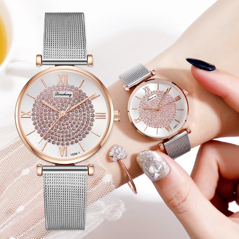 

Luxury Women Pink Bracelet Watches Dress Silver Mesh Rhinestone Quartz Clock Fashion Ladies Wrist Watch Relogio Feminino