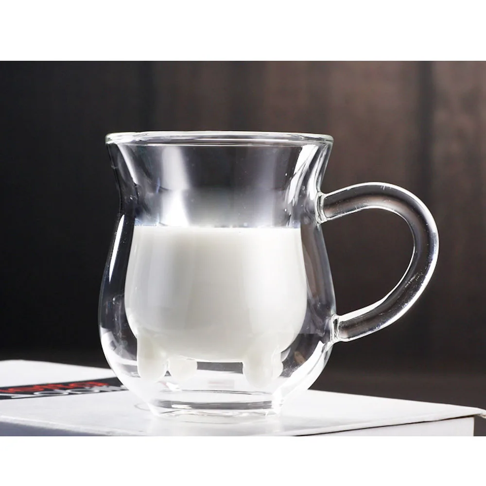 Двухслойная коровье молоко кружка стеклянной чашки смешная прозрачная банка ручной работы термостойкая прозрачная домашняя офисная Молоко Кофе Чай кружки подарок - Цвет: Прозрачный
