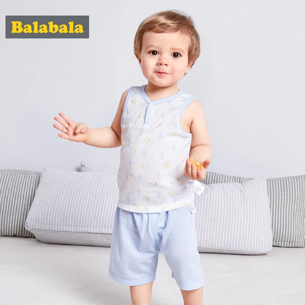 

Balabala Newborn Baby Boys Summer Clothing Set Floral Print 100% Cotton Soft Breathable 2pcs Sleeveless T-shirt +Shorts Infant