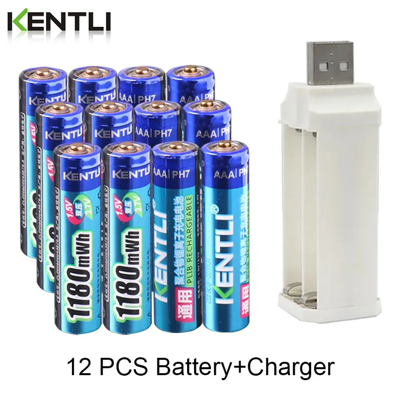 Goede KENTLI 12 pcs 1.5 v 1180mWh aaa polymeer lithium li ion oplaadbare batterijen batterij + 4 slots lithium li ion lader