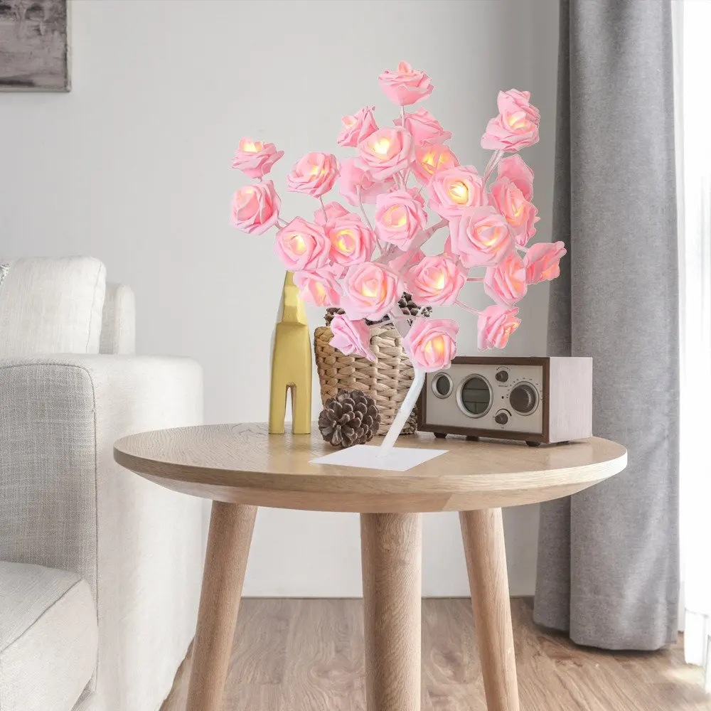 Lâmpada de Mesa Decoração para Casa Luzes para Festa Luz da Noite Rosa Flor Árvore Natal Casamento Sala Estar Decoração 24 Led 9 Luminárias de mesa