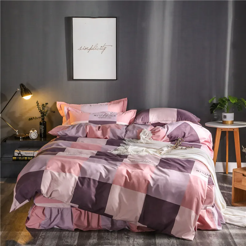 

Fashion Pink Plaid Pattern Bedding Sets 4Pcs Thickened Sanding Bed Linings Duvet Cover Bed Skirt Pillowcases Cover Set Soft