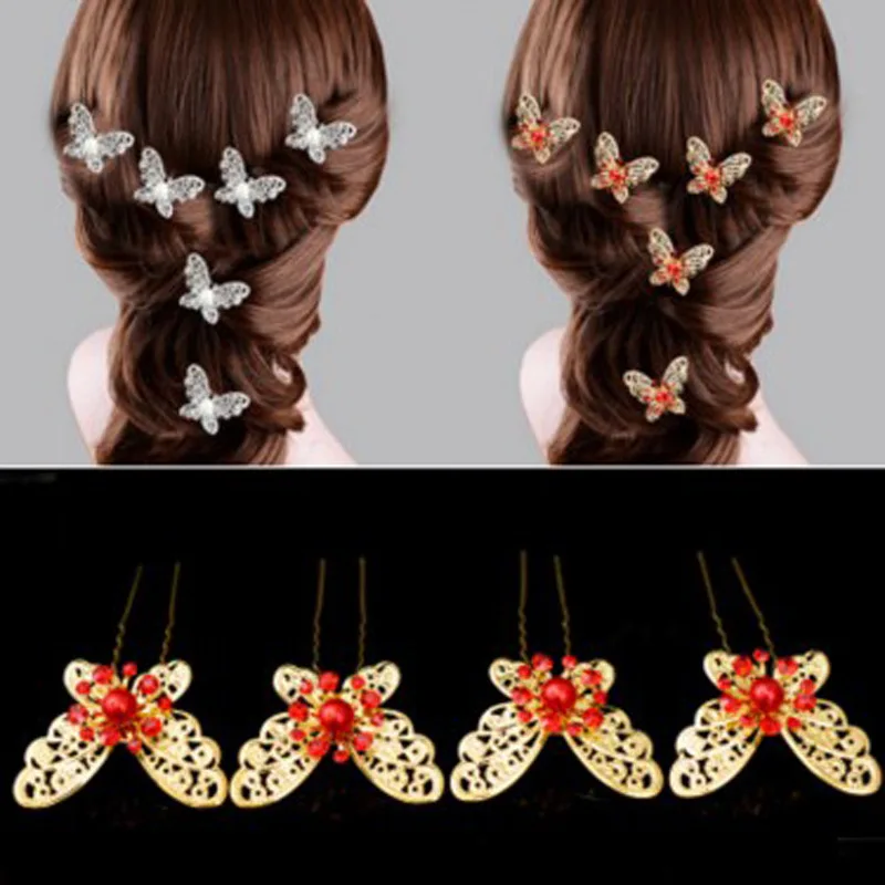 

Plate Sliver Red Bride Headdress Butterfly Pearl U-Shaped Clip Flower Fairy Wedding Hair Accessories For Women