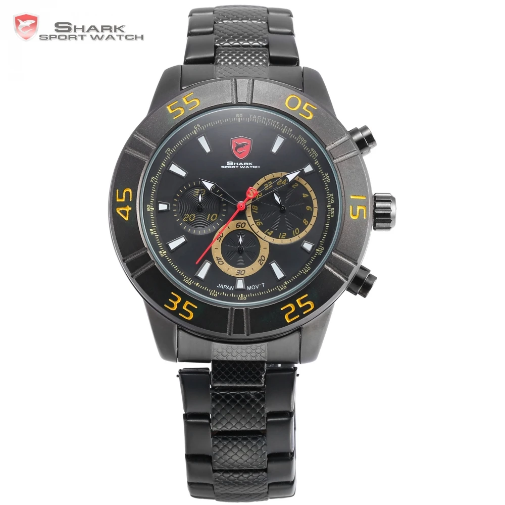 

New Shark Sport Watch Waterproof Chronograph Yellow Numbers Fashion Male Clock Black Band Analog 6 Hands Quartz-watch/ SH304