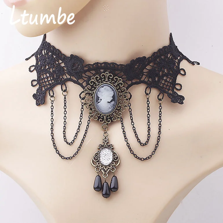 Ltumbe New Gothic Black Sexy Lace Necklaces Vintage Queen Head Boho