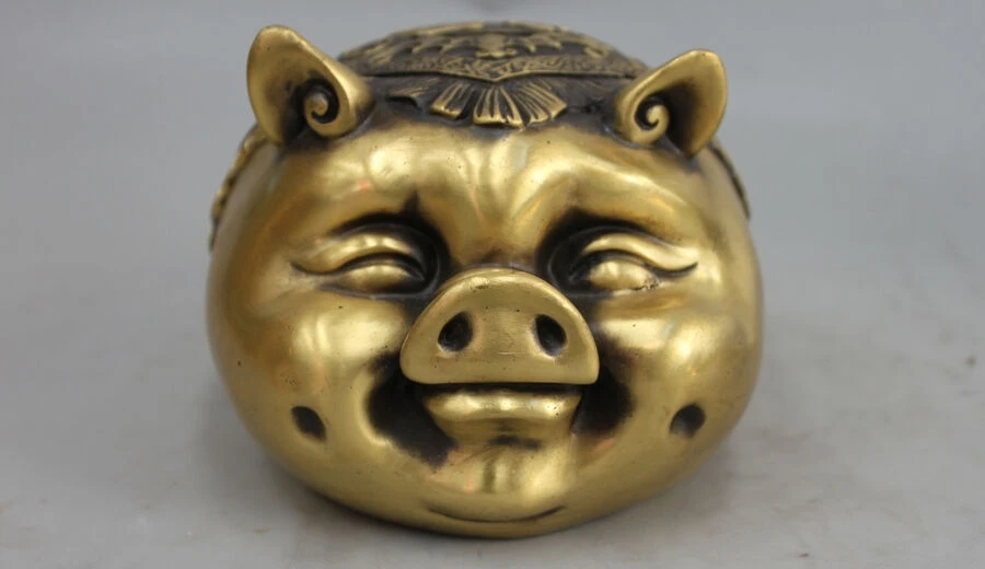 

Chinese Refining bronze Copper feng shui Zodiac Pig bank Decor Statue
