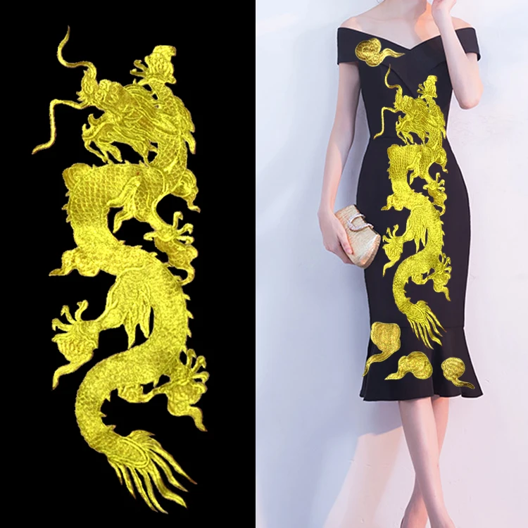 

Large Golden Chinese Nation Dragon Gold Thread Embroidery Sew On Patches Applique DIY Lace Clothing Accessory