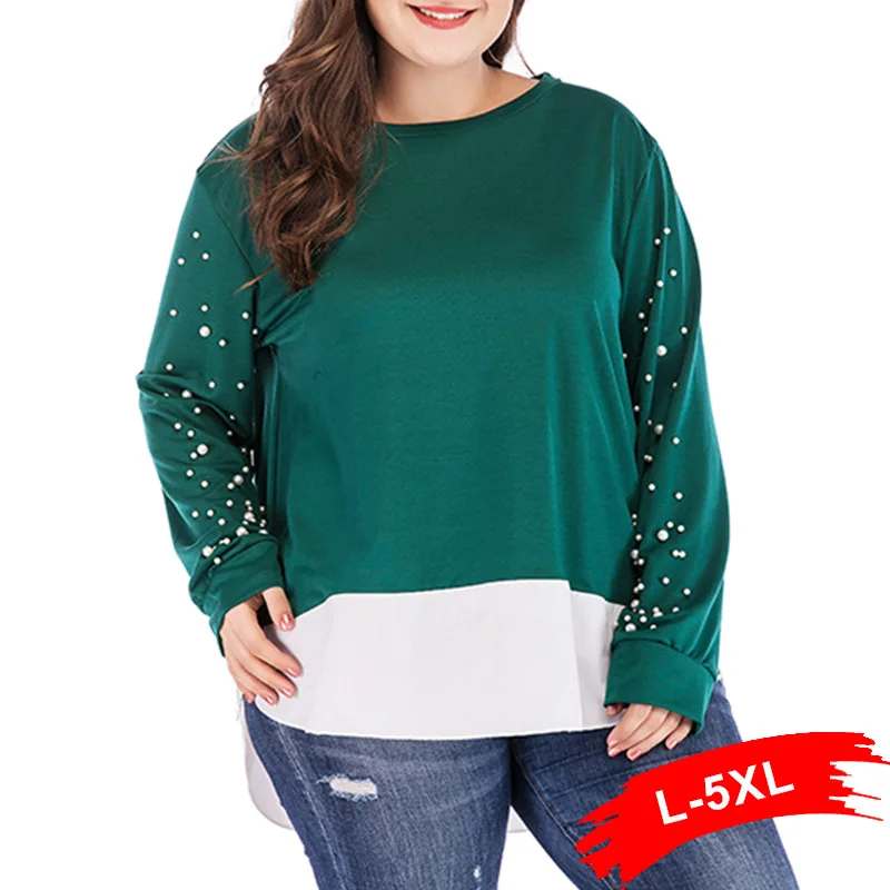 

Plus Size Pearl Beading Sleeve Contrast Trim Tops 4Xl 5Xl Green And White Color Block Spring Top Long Sleeve Elegant T-Shirt