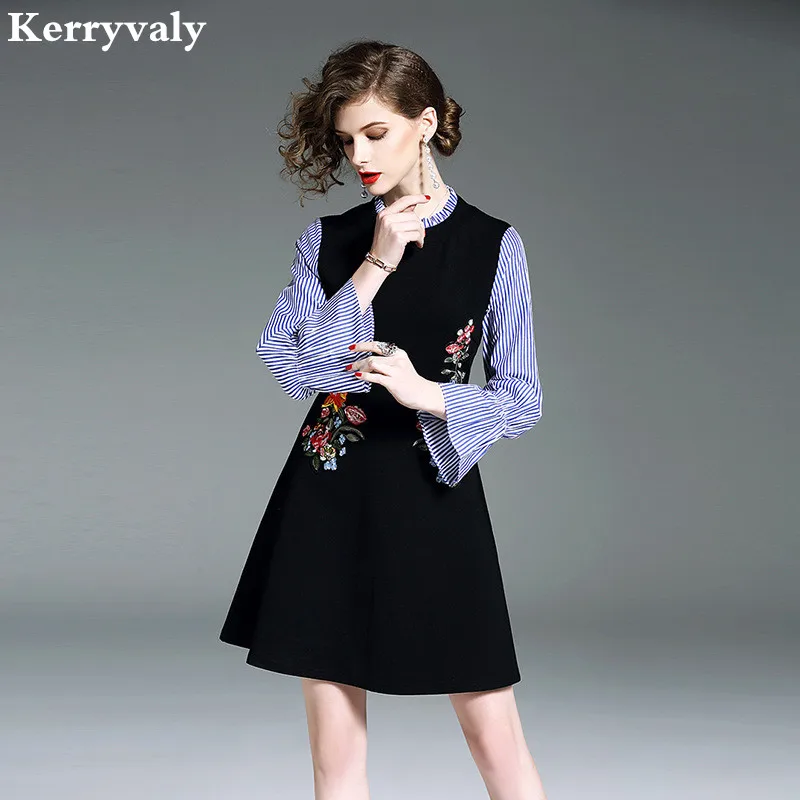 Beste Lente Gestreepte Stiksels Bloemen Borduren Jurk Vrouwen Kleding 2018 Shirt Retro Jurk Kleider Damen Jurken Tunique Femme K6330