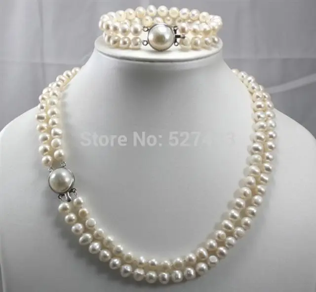 

Wholesale 2 Row 7-8MM Freshwater Cultured pearls Necklace Bracelet Set (A0423) -Bride jewelry free shipping
