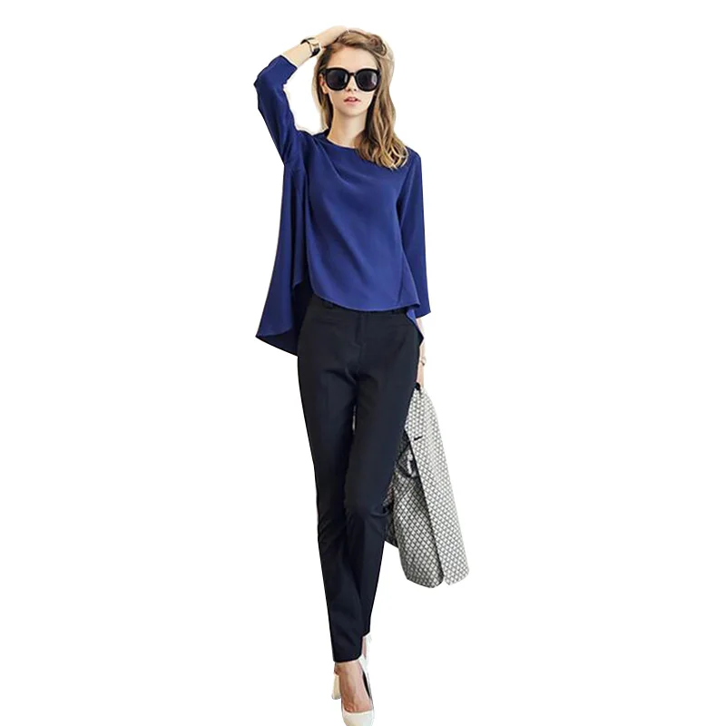2015 Autumn Fashion 2 Piece Pants suit O Neck Long sleeved Chiffon Shirt Black Slim Was