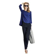 2015 Autumn Fashion 2 Piece Pants suit O Neck Long sleeved Chiffon Shirt Black Slim Was