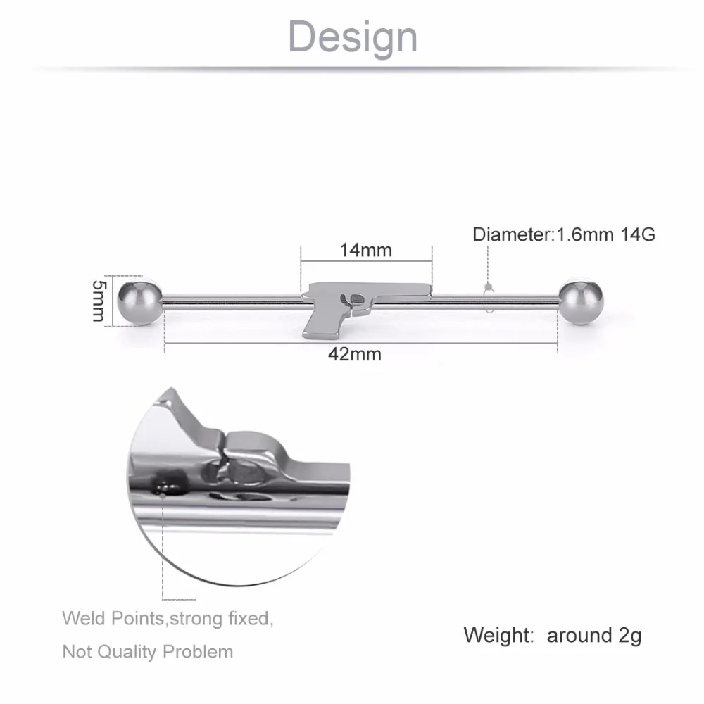 2 шт./лот, Промышленная Штанга Для Пирсинга из нержавеющей стали в форме пистолета, шипы для ушей, хряща, крутые ювелирные изделия для тела для мужчин 42 мм GY08